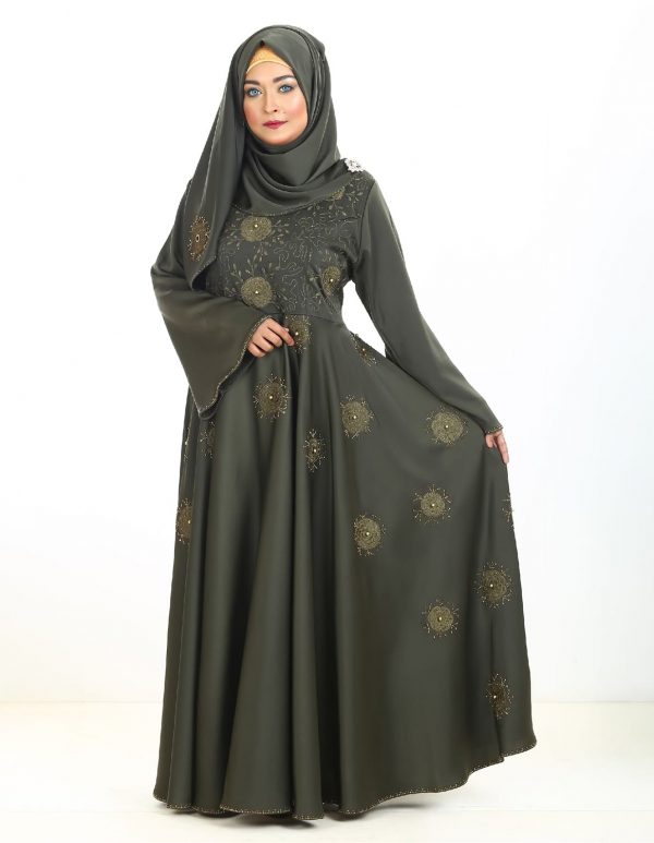 Dark Olive Color Gown Borka With Embroidery Works - Image 3