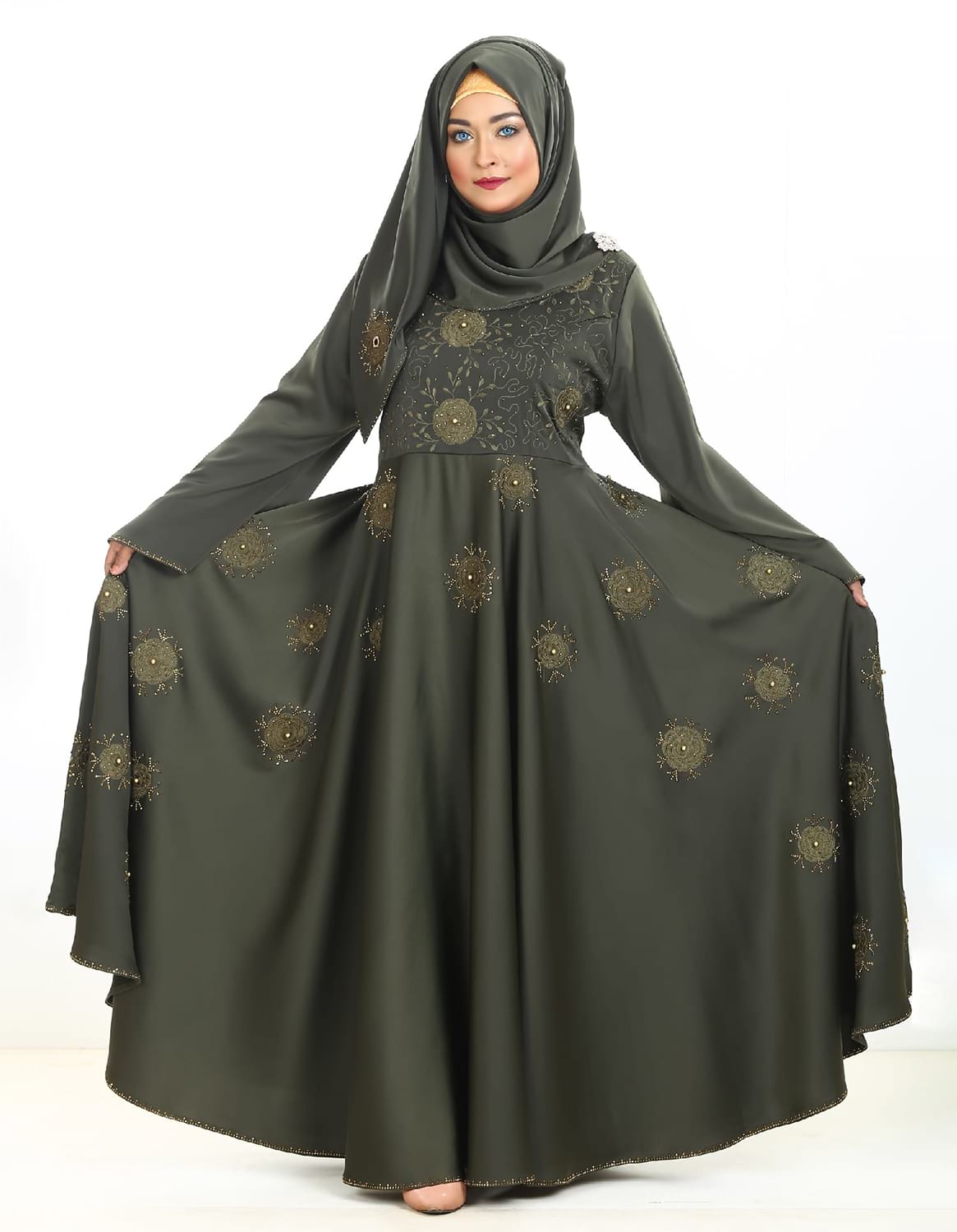 Dark Olive Color Gown Borka With Embroidery Works