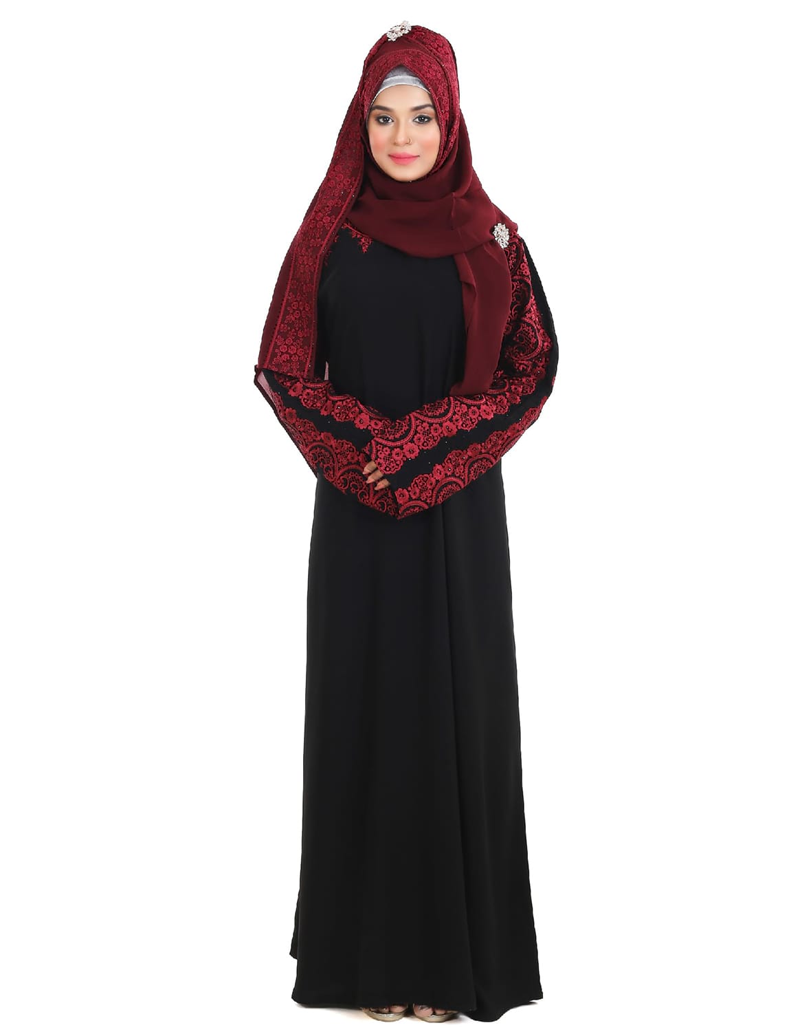 Black Color Borka With Red Embroidery Works