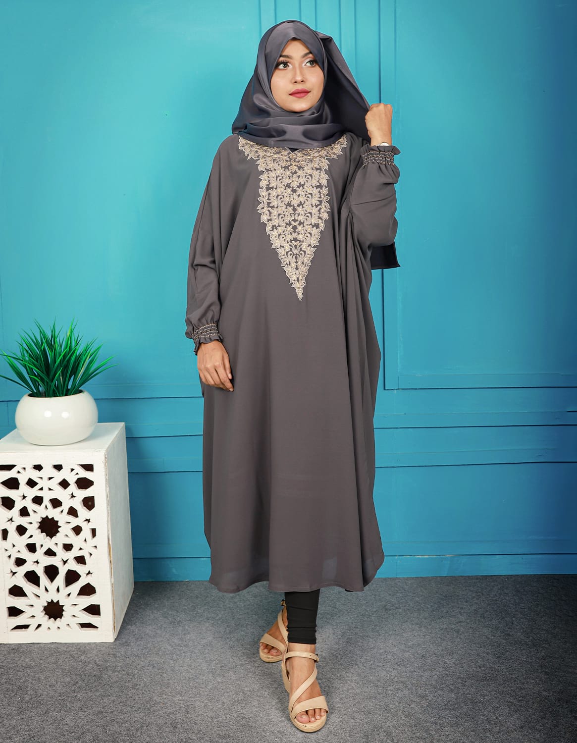 Ash Color Short Abaya With Embroidery Work