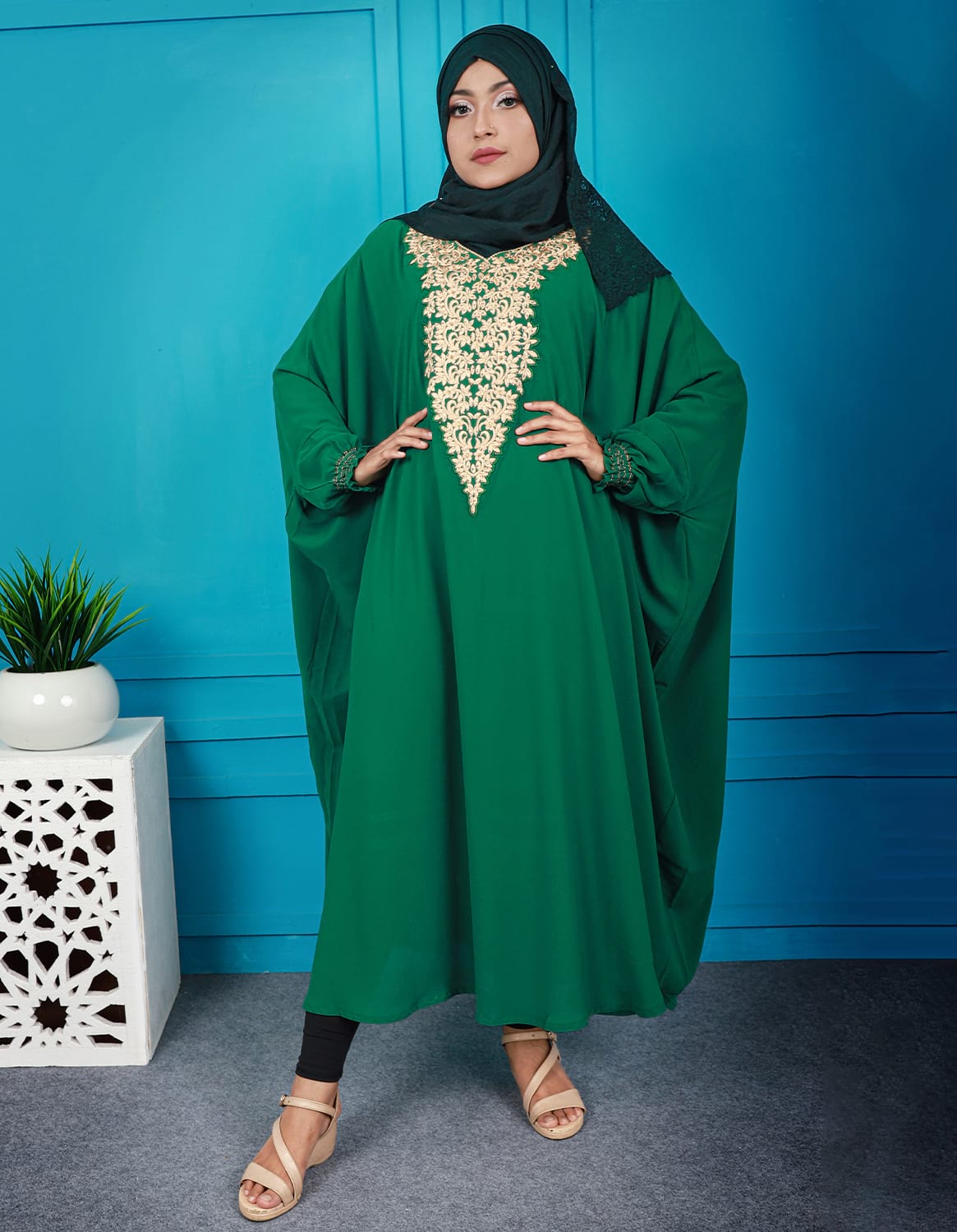 Green Color Short Abaya With Embroidery Work
