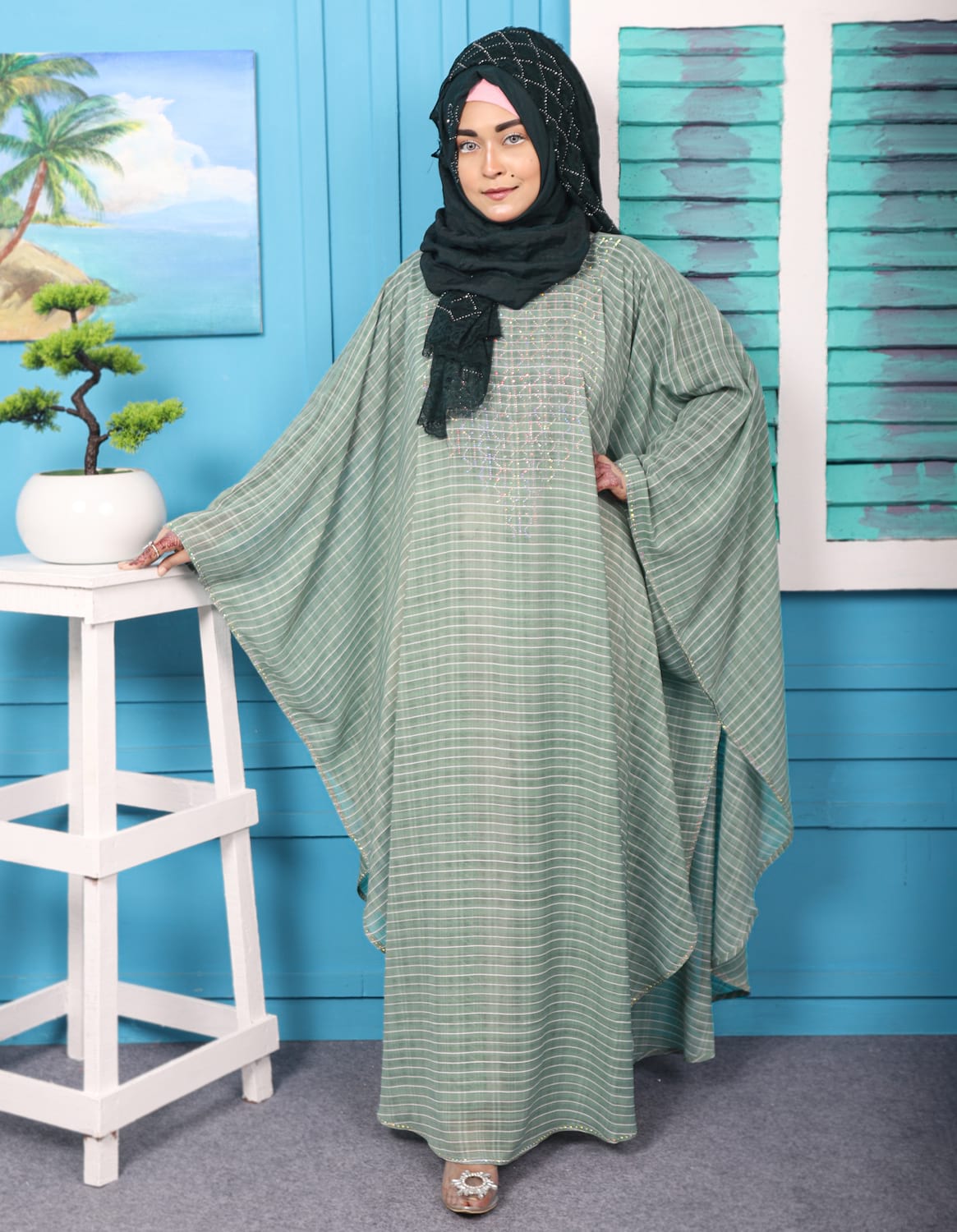 Light Green Color Abaya With Stone Work