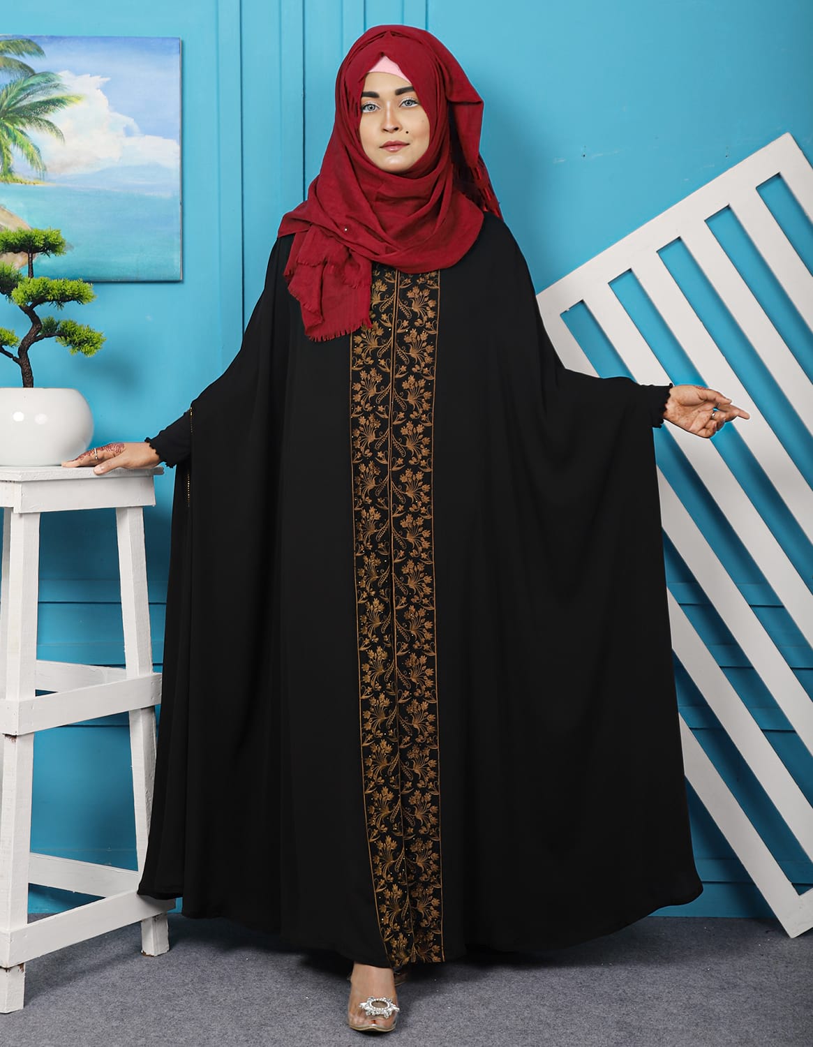 Black Color Shrug Abaya With Embroidery Work