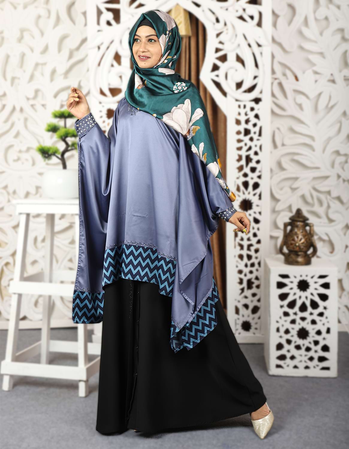 Ash Color Short Abaya with Stone & Pearl work