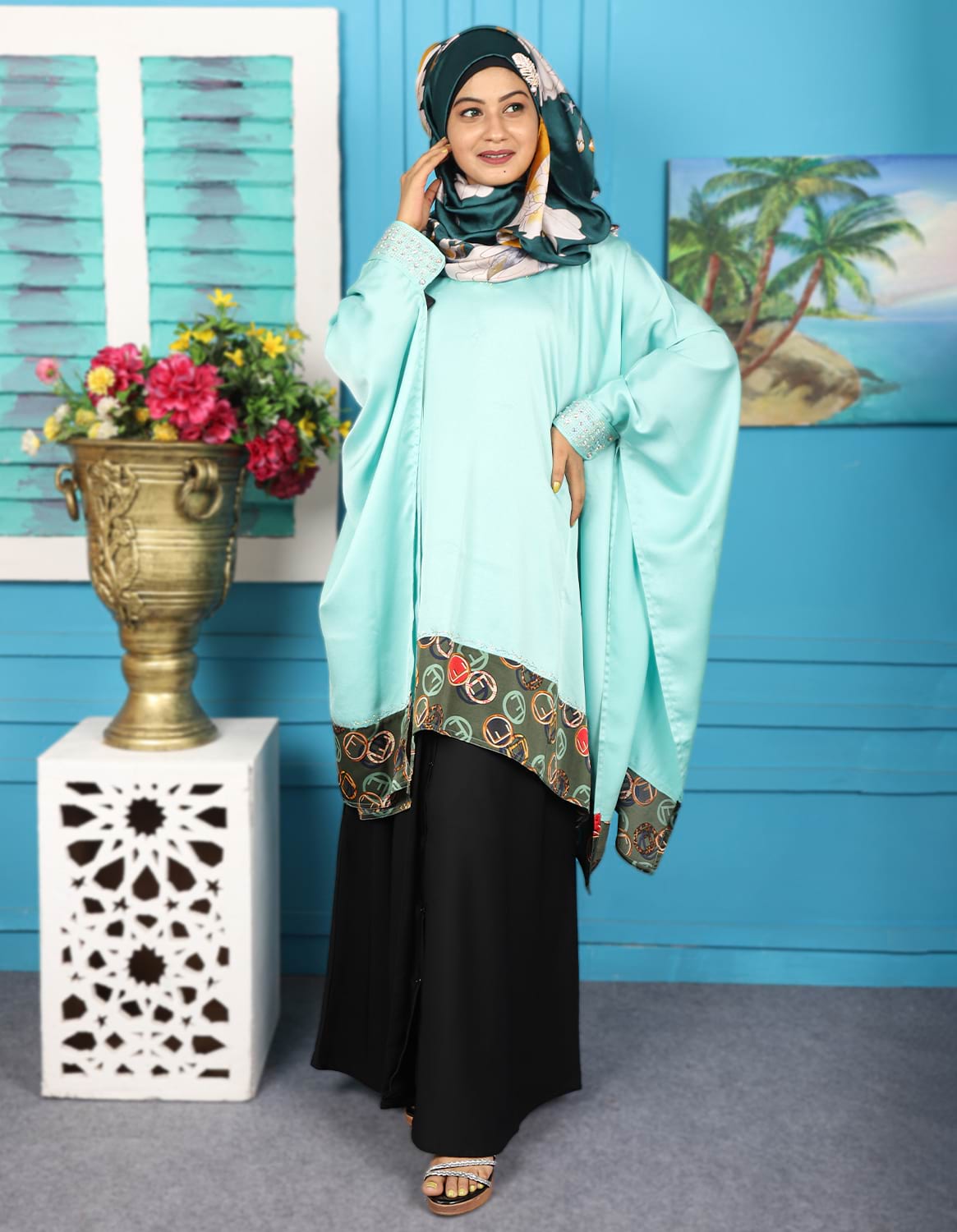 Cyan Color Short Abaya with Stone & Pearl work