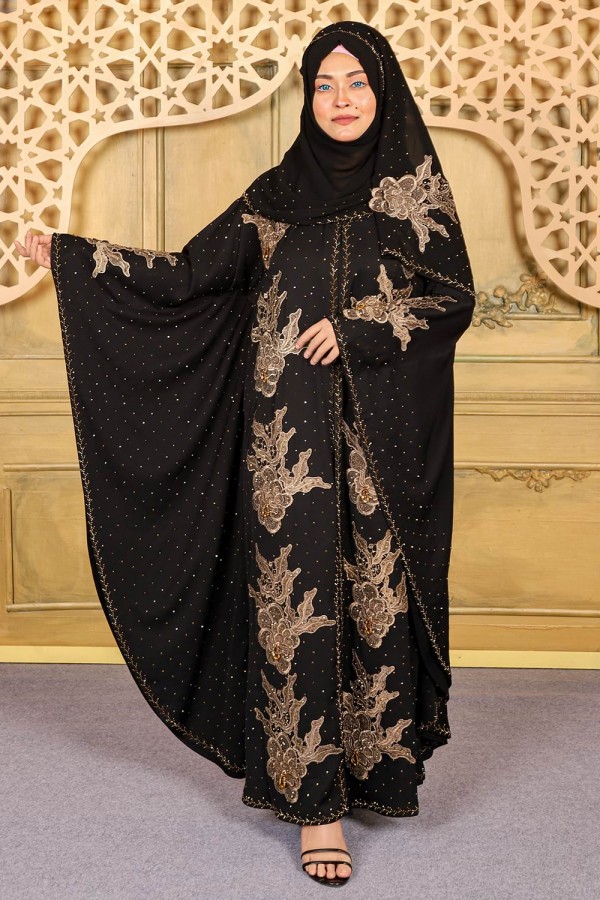 Black Koti Abaya With Embroidery & Stone Work