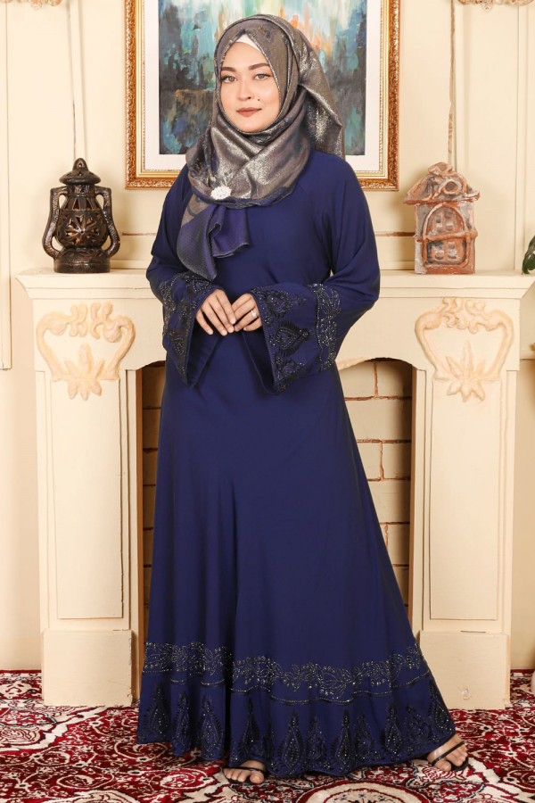 Navy Blue Color Gown Borka with Embroidery & Stone Work