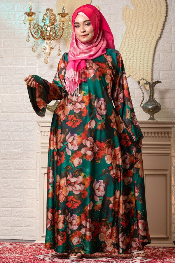 Floral Printed Gown Borka with Stone Work