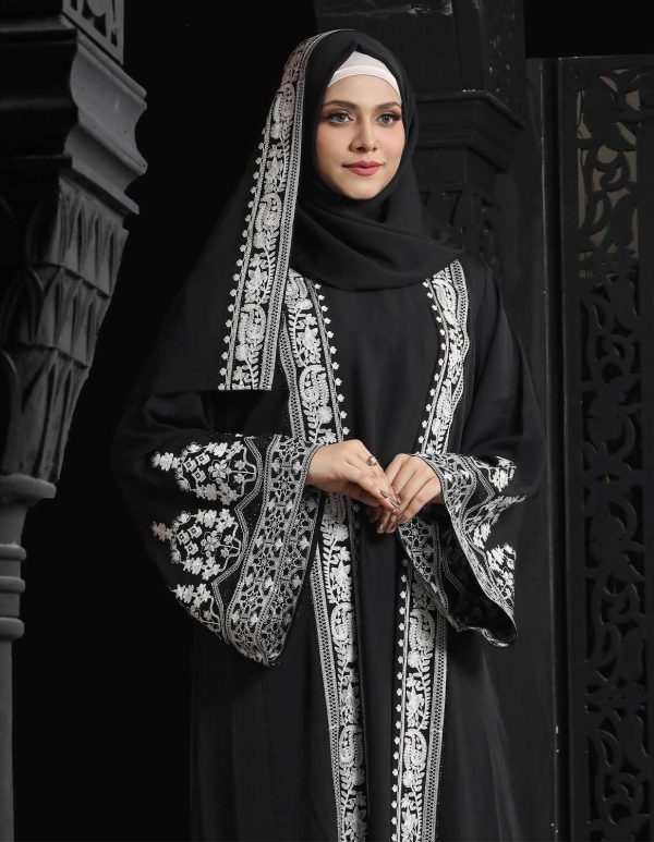 Black Color Attached Koti Borka with Embroidery & Stone Work - Image 2