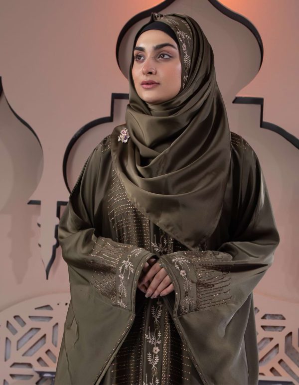 Green Olive Color Abaya with Lace & Stone Work - Image 2