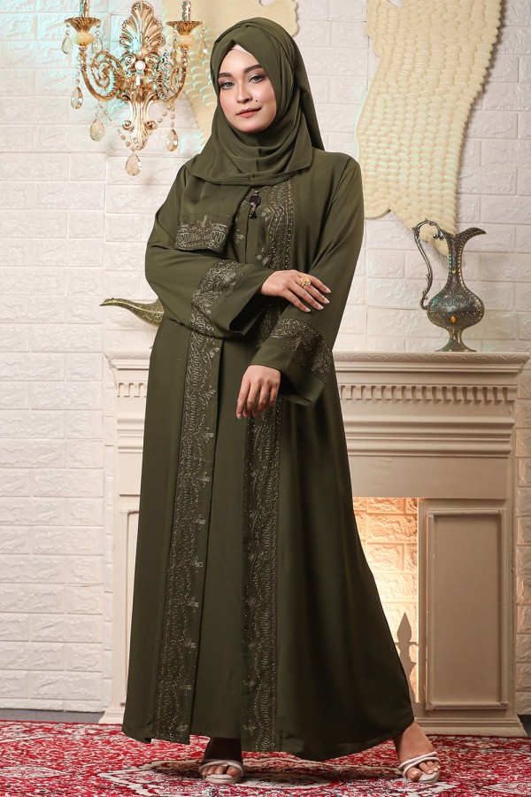 Olive Green Koti Borka with Embroidery & Stone Work