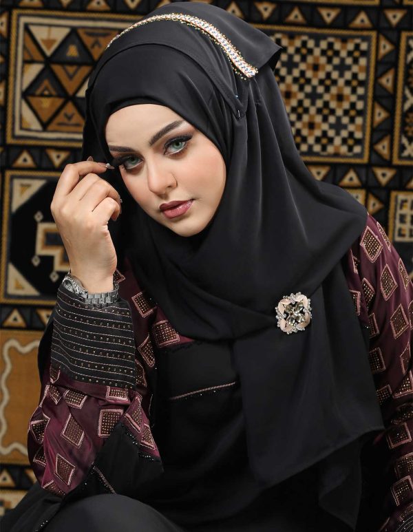 Black & Maroon Color Abaya with Stone Work - Image 2