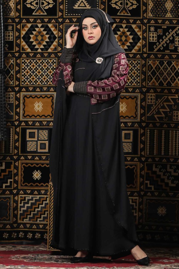 Black & Maroon Color Abaya with Stone Work